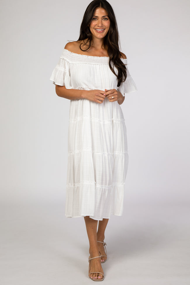 White Off Shoulder Tiered Maternity ...